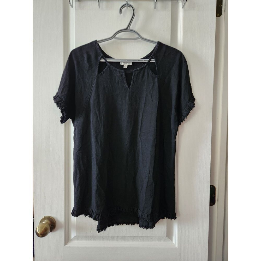Umgee Women's Black Frayed Hem Short Sleeve‎ Boho Hi-Low Blouse Top Size S